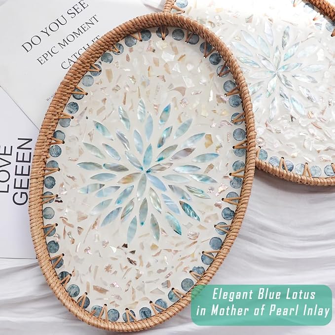 13" Decor Tray for Coffee Table Mother of Pearl Inlay Ottoman Serving Tray | - Image 2
