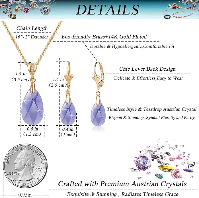 EVEVIC Austrian Crystals Teardrop Pendant Necklace Earrings for Women 14K Gold Plated Hypoallergenic Leverback Drop Dangle Earrings Jewelry Set