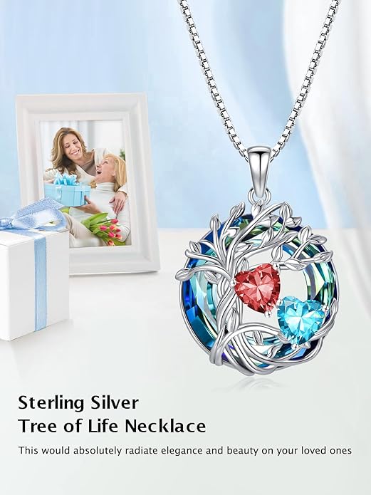 TOUPOP s925 Sterling Silver Family Celtic Tree of Life Pendant Necklaces with 2 Heart Birthstone with Blue Austrian Crystal Jewelry Birthday Valentines Day Gifts for Her, Anniversary Christmas Gifts for Wife Girlfriend Mom (18K Real White Gold Filled)