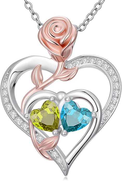 Rose Flower Heart Pendant for Women Birthday Gifts 18k Gold Plated Mother Daughter Necklace with 12 Months Birthstone Christmas Valentines Day Gifts for Her Mom Anniversarry Jewelry for Mom Wife Girlfriend