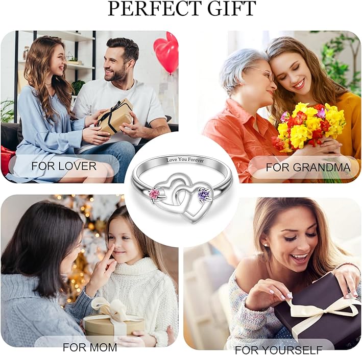 Personalized Heart Birthstone Rings for Women with 2 Birthstones Custom Name Rings for Couple Mother Daughter Jewelry Gift for Mother Her Christmas