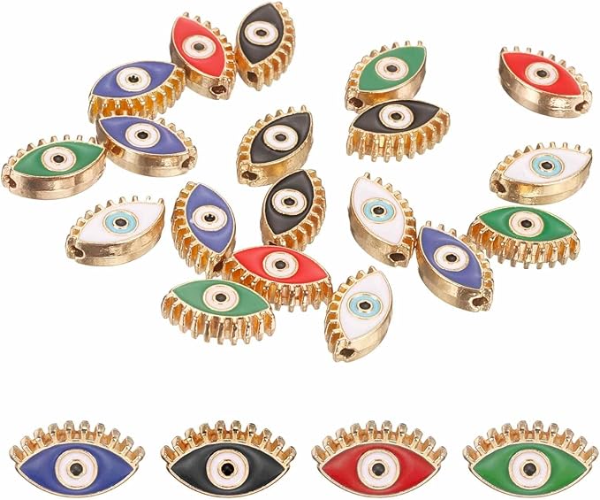 MECCANIXITY 20 Pcs Eye Shaped Evil Eye Beads Colorful Flat Loose Spacer Evil Eye Charms for DIY Bracelet Earrings Necklace Crafts Jewelry Making, Green/Red/Bright Blue/Black/White