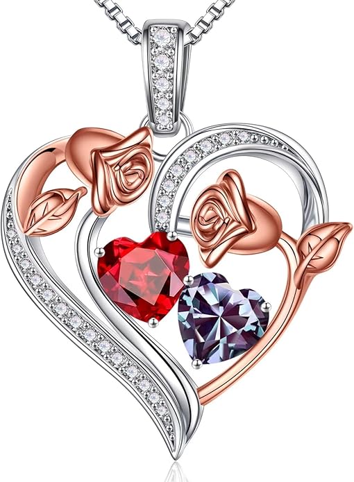 Iefil Valentines Day Gifts for Her - 925 Sterling Silver Rose Heart Necklace, Birthstone Jewelry, Anniversary Birthday Gifts for Wife Girlfriend Mom Daughter