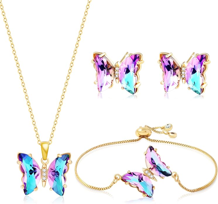 MISS RIGHT Butterfly Crystal Jewelry Set with Butterfly Necklace Stud Earrings Bolo Bracelet Adjustable Ring for Women Trendy, Iridescent Y2K Dainty Butterfly Jewelry Gifts