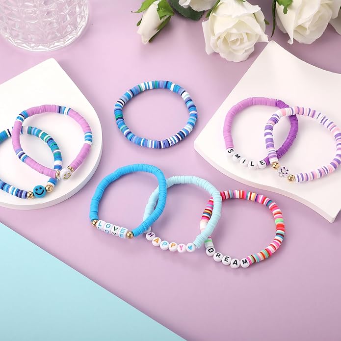 Preppy Bracelets Set Colorful White Gold Smile Heart Star Polymer Beaded Pearl Clay Stackable Charm Y2K Kidcore Aesthetic Summer Beach Bohemian Stretch Layering Bracelets Jewelry for Girls Women Teens