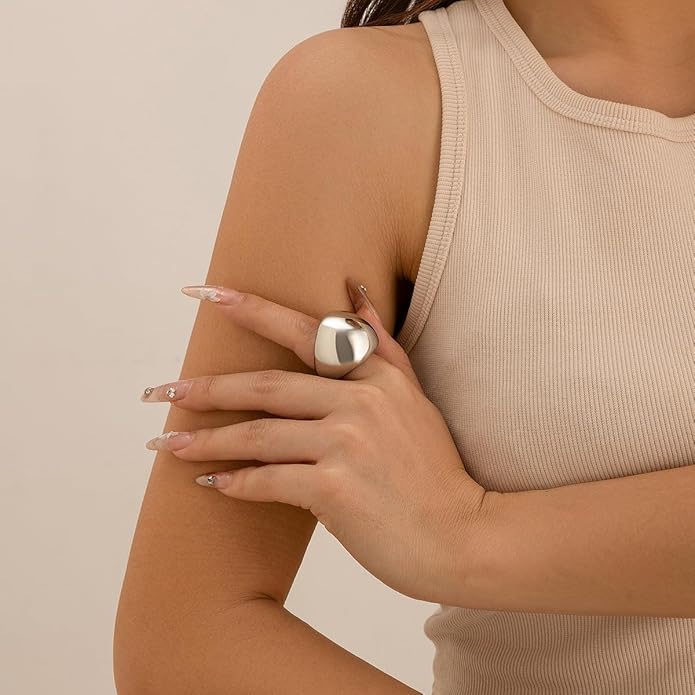 MIFYNN Chunky Gold Rings for Women Gold Silver Adjustable Thick Ring Fashion Statement Ring Open Dome Ring Chunky Silver Rings Geometric Curved Minimalist Simple Rings