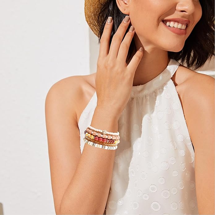 Heishi Beaded Stretch Bracelets for Women Stackable Polymer Clay Beads Bracelets Friendship Boho Summer Beach Bracelet Jewelry Set