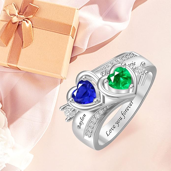 Personalized Heart Birthstone Rings for Women with 2 Birthstones Custom Name Rings for Couple Mother Daughter Jewelry Gift for Mother Her Christmas