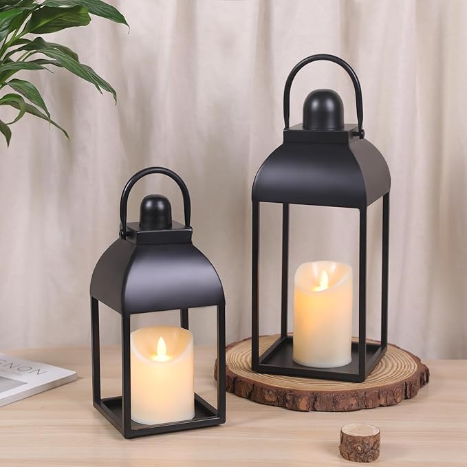 Lanterns Decorative Indoor 15" 11" Set of 2 Black Metal Lantern by MATAHUMbeyourbetterchoice