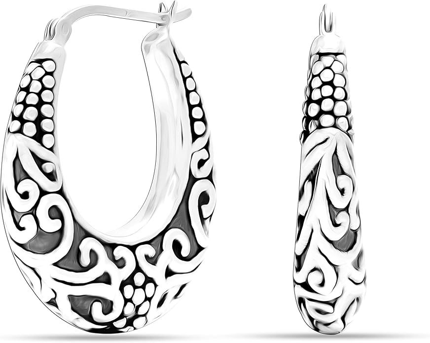 LeCalla 925 Sterling Silver Bali-Style Hoop Earrings Lightweight Click-Top Antique Two-Tone Beaded Italian Bali Style Earring Hoops for Women