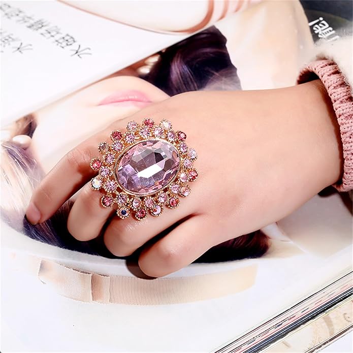 PINK TOWN Vintage Rhinestone Glass Finger Rings,Fashion Crystal Adjustable Open Wrap Knuckle Ring Boho Big Oval Stackable Rings Statement Ring Engagement Wedding Cocktail Party Rings Jewelry