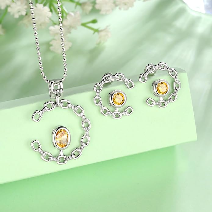 Elegant C-Shaped Crystal Necklaces/Stud Earrings Set with Birthstone Jewelry Set Silver Plated Fashion Jewelry for Women CS0003