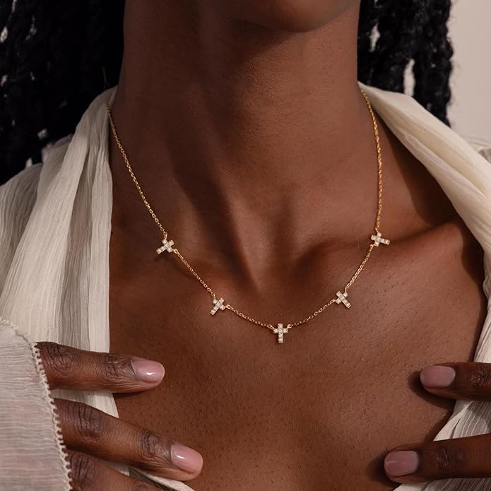 VRIUA Necklaces for Women - 14K Gold/Silver Plated Dainty Chain Necklace with Five Charms: Diamond, Bow, Snowflake, Cross, Flower, Clover, Butterfly, Heart, Star of David, and Star Trendy Jewelry
