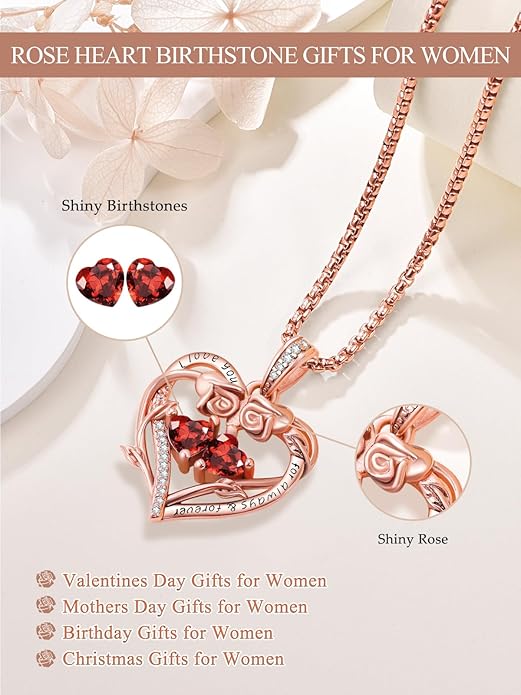 Rose Heart Necklaces for Women, Rose Gold Forever Love Jewelry with 2 Birthstones Pendant,Valentines Anniversarry Birthday Gifts for Her Wife Mom Grandma Daughter, 18+2 Inch Chain