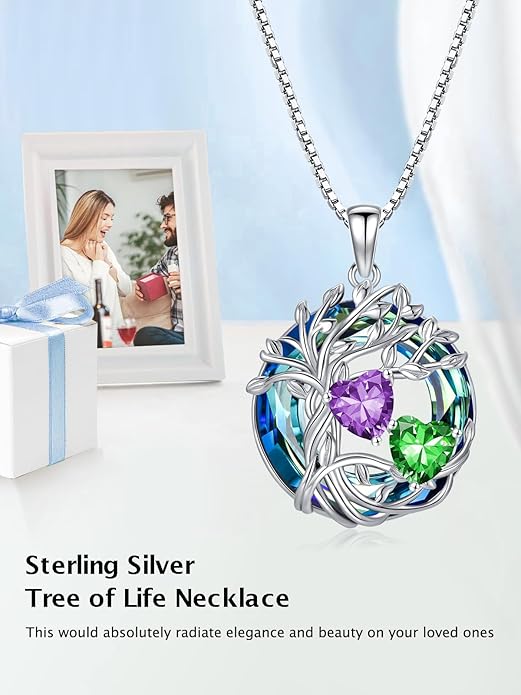 TOUPOP s925 Sterling Silver Family Celtic Tree of Life Pendant Necklaces with 2 Heart Birthstone with Blue Austrian Crystal Jewelry Birthday Valentines Day Gifts for Her, Anniversary Christmas Gifts for Wife Girlfriend Mom (18K Real White Gold Filled)