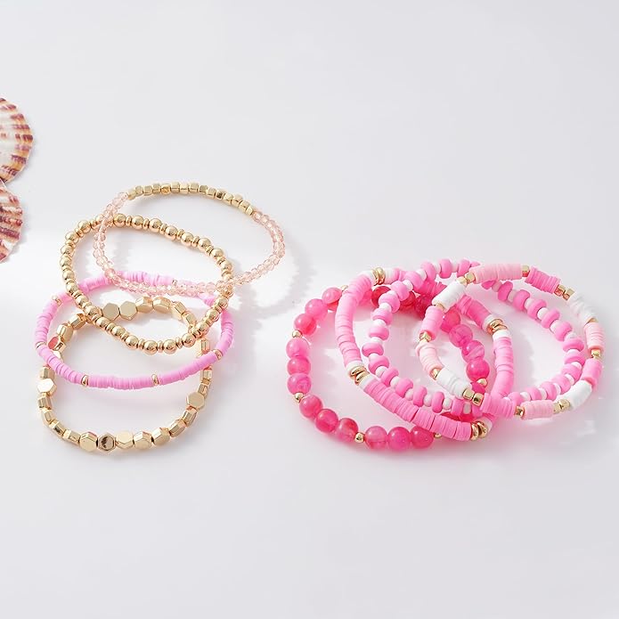 GOOJIDS Surfer Heishi Clay Bead Bracelets for Women Bohemian Stackable Gold Plated Beaded Stretch Bracelets Elastic Layering Friendship Bracelets Set Boho Jewelry