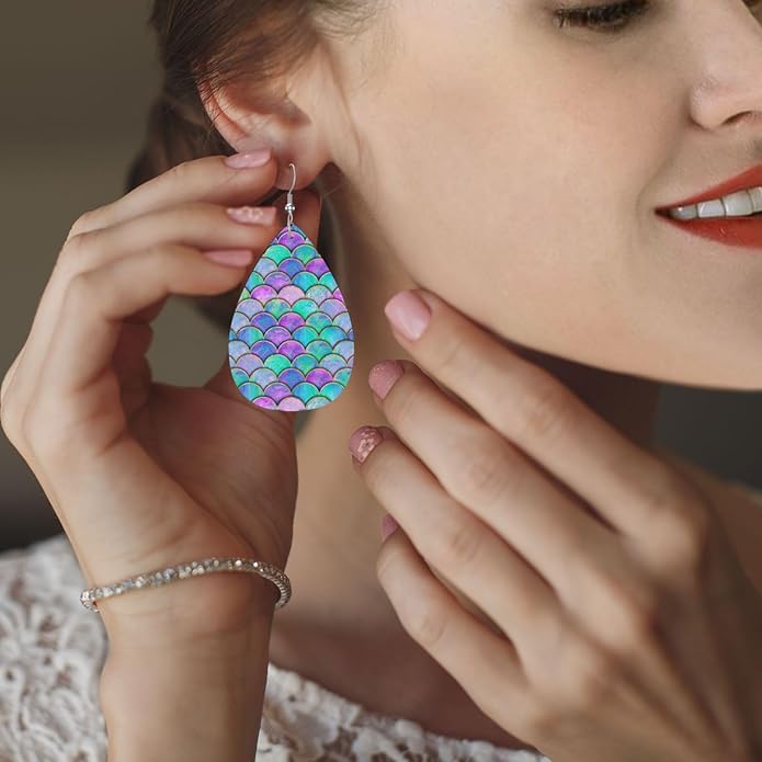 Mermaid Japanese Teardrop Earrings For Women, Dangle Earrings Jewelry For Women, Lightweight Faux Leather Earrings Gifts