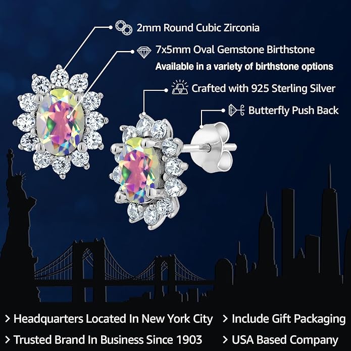 Gem Stone King 7X5MM Oval Gemstone Birthstone Stud Earrings For Women | Princess Diana Royal Halo Style | 925 Sterling Silver | Fine Jewelry Gifts for Anniversary Wedding Her Mom Women Wife