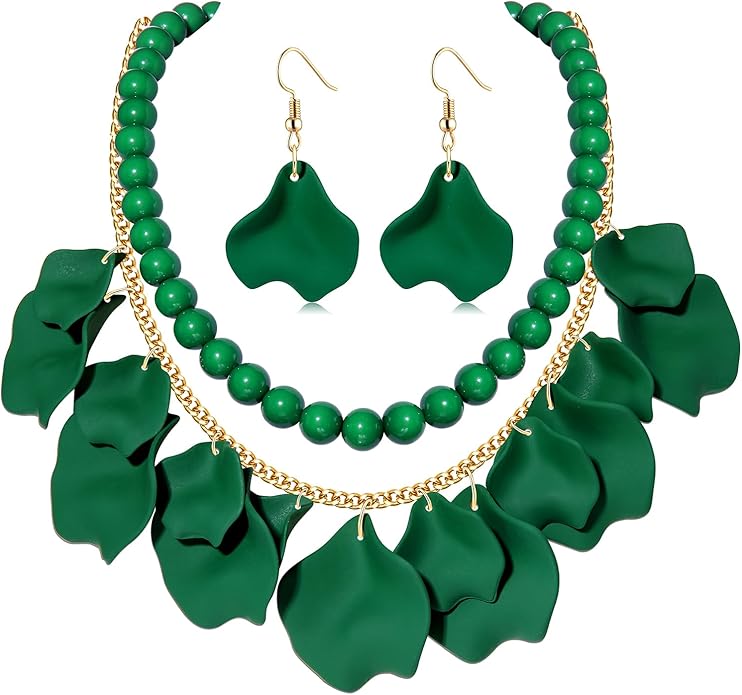 Flower Petal Necklace Earrings Set Layered Statement Beaded Jewelry Set for Women Summer Necklace Earrings