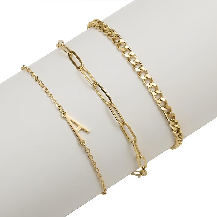 14K Gold Plated Bracelets for Women, A–Z Initial Charm Bangles Jewelry Set, Elegant Gold Accessories, Friendship Bracelet Gifts for Mom