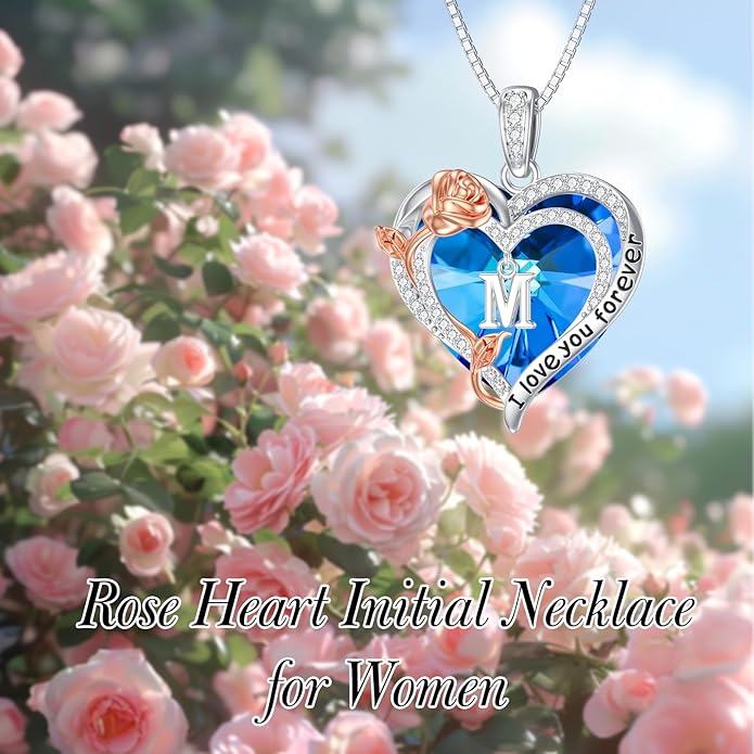 PELOVNY Rose Heart Initial Necklaces for Women S925 Sterling Silver Alphabet Letter Crystal Necklace Initial Pendant Jewelry Gifts for Mom Daughter Wife