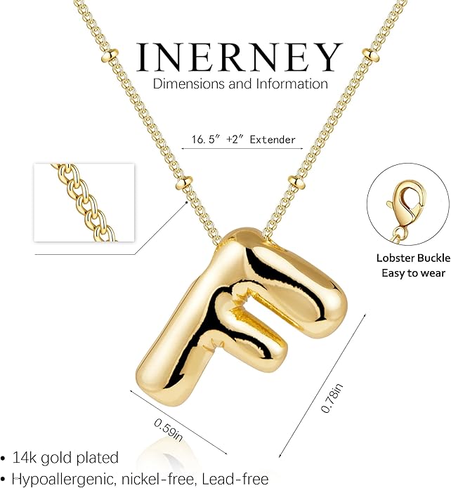 Inerney Valentines Day Gifts Gold Bubble Letter Necklace Initial Necklaces for Women, Chunky 14K Plated Balloon Initials, Trendy Charm Non Tarnish Custom Name Pendant Jewelry Gifts for Mom