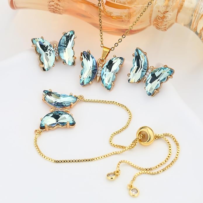 MISS RIGHT Butterfly Crystal Jewelry Set with Butterfly Necklace Stud Earrings Bolo Bracelet Adjustable Ring for Women Trendy, Iridescent Y2K Dainty Butterfly Jewelry Gifts