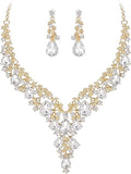 BriLove Women's Wedding Bridal Austrian Crystal Teardrop Flower Cluster Statement Necklace Dangle Earrings Jewelry Set for Party Prom