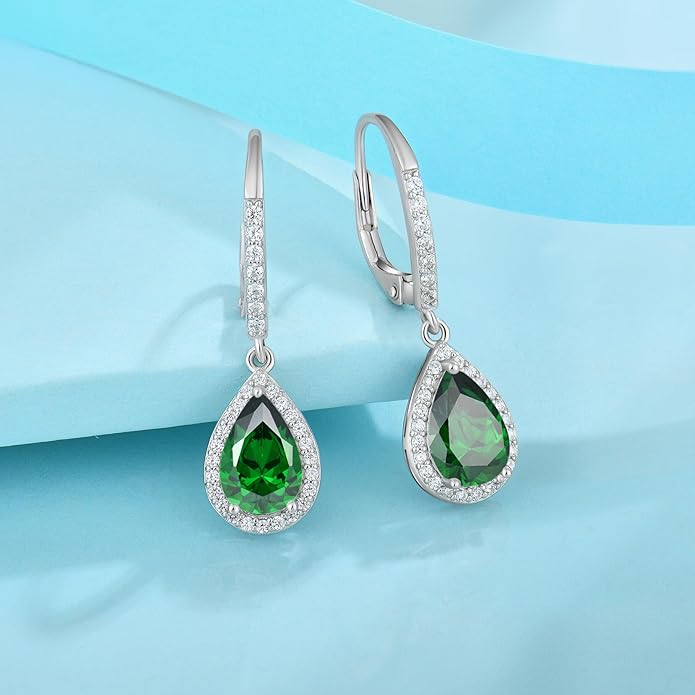 FJ Teardrop Jewelry Set for Women 925 Sterling Silver Emerald Necklace and Earrings Set Pear Cut May Birthstone Jewelry Gifts