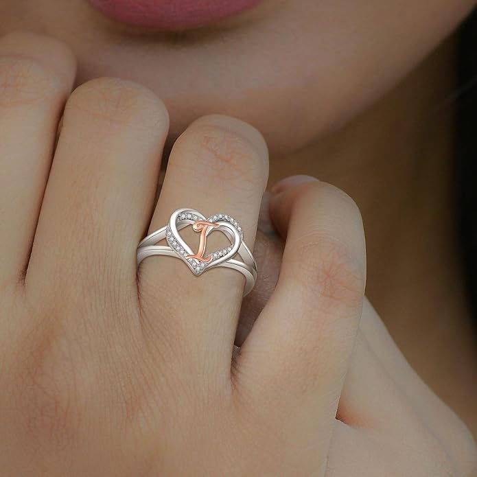 INFUSEU 925 Sterling Silver Initial Heart Ring for Women Girls, Adjustable Size