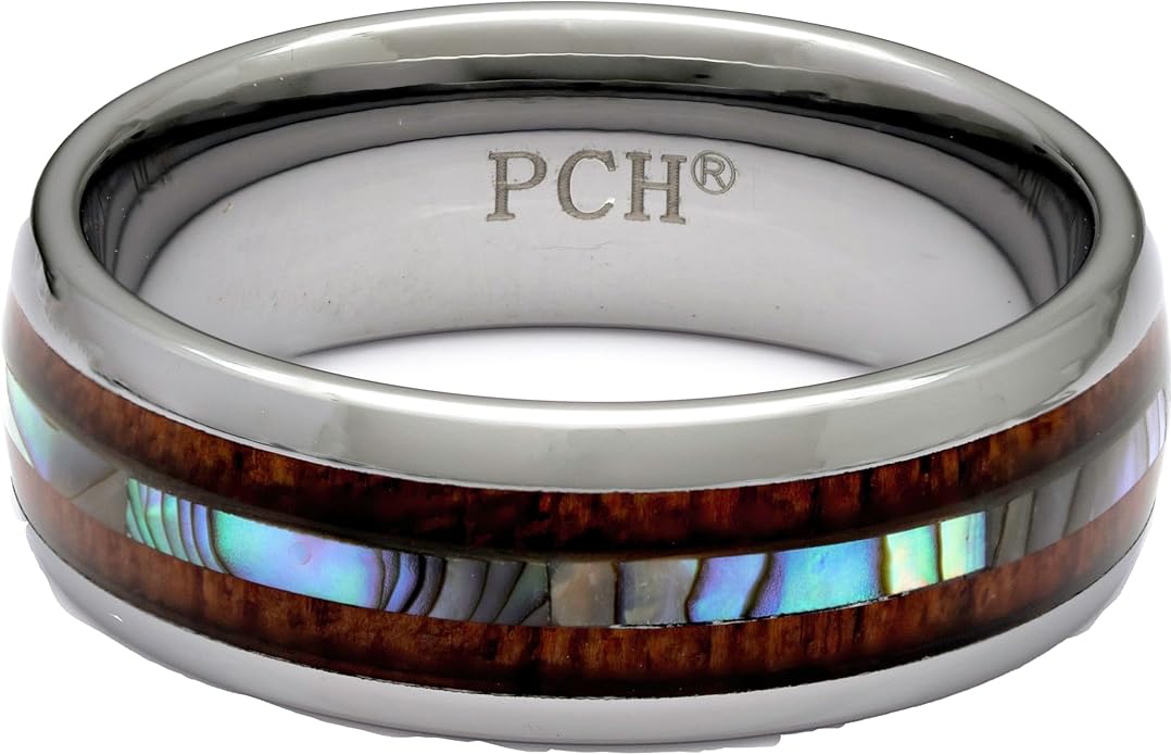 Tungsten Ring Hawaiian Koa Wood Abalone 8mm Comfort Fit Band