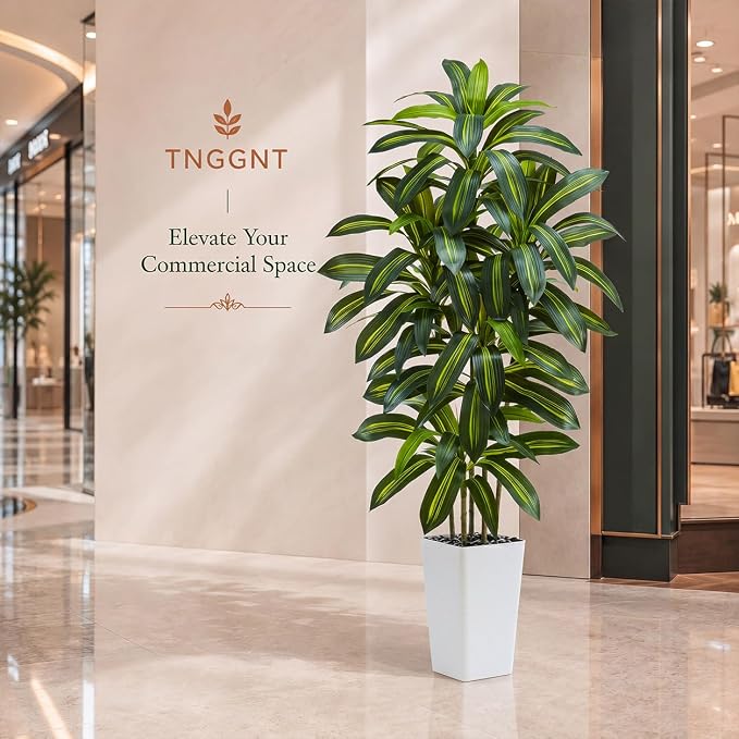 Artificial Dracaena Tree: 5FT Fake Plants Silk Faux Trees（White Pot） | - Image 9