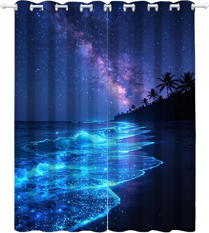 Beach Curtains, Fluorescent Beach Blackout Curtains 96 Inch Long, Coconut Tree - Image 4