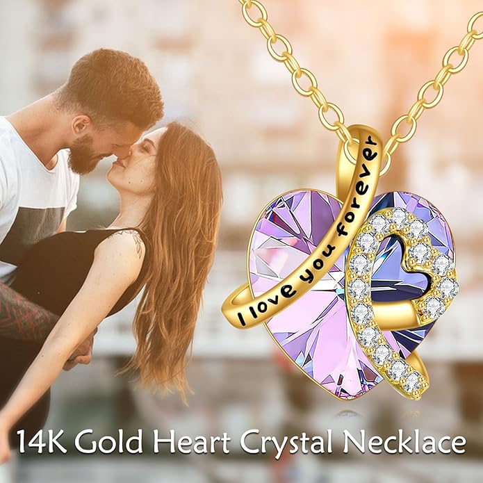 KECHO 14K Real Gold I Love You Forever Necklace Solid Yellow Gold Heart Birthstone Crystal Pendant Jewelry Birthday Mother's Day Anniversary Christmas Gifts for Women