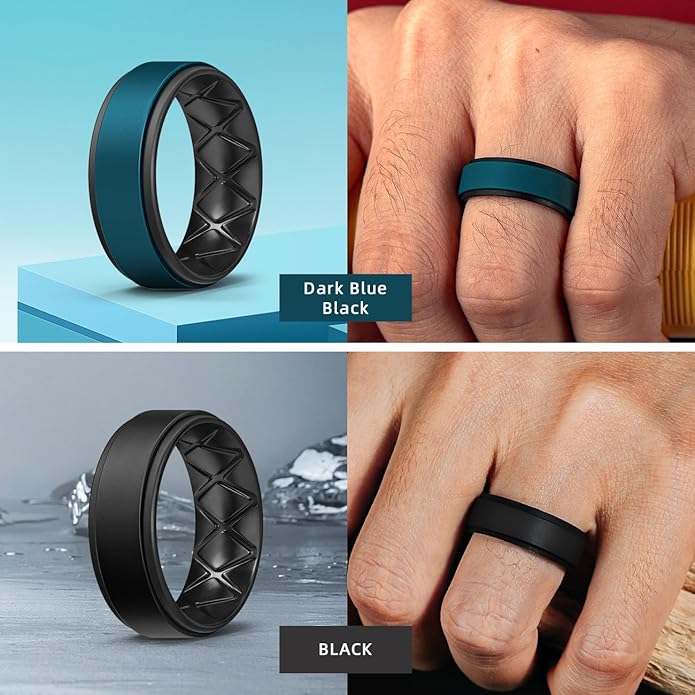 Egnaro Silicone Rings for Men 1/4/5/6/7 Multipack of Breathable Mens Silicone Rubber Wedding Rings Bands - Step Edge
