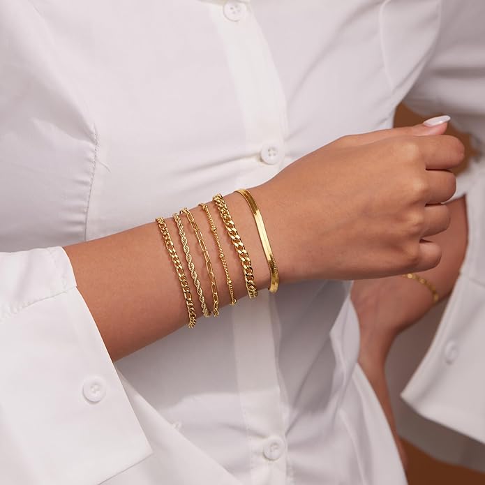 Gold Bracelets Set for Women Non Tarnish Trendy,14K Gold Plated Dainty Stackable Paperclip Cuban Link Chain Bracelets, Simple Cute Cuff Bracelets Jewelry Set Adjustable 7"+2"