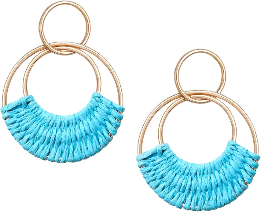 Raffia Hoop Earrings for Women Fun Boho Summer Beach Earrings Lightweight Handmade Straw Wicker Rattan Dangle Earrings Statement Geometric Round Drop Earrings