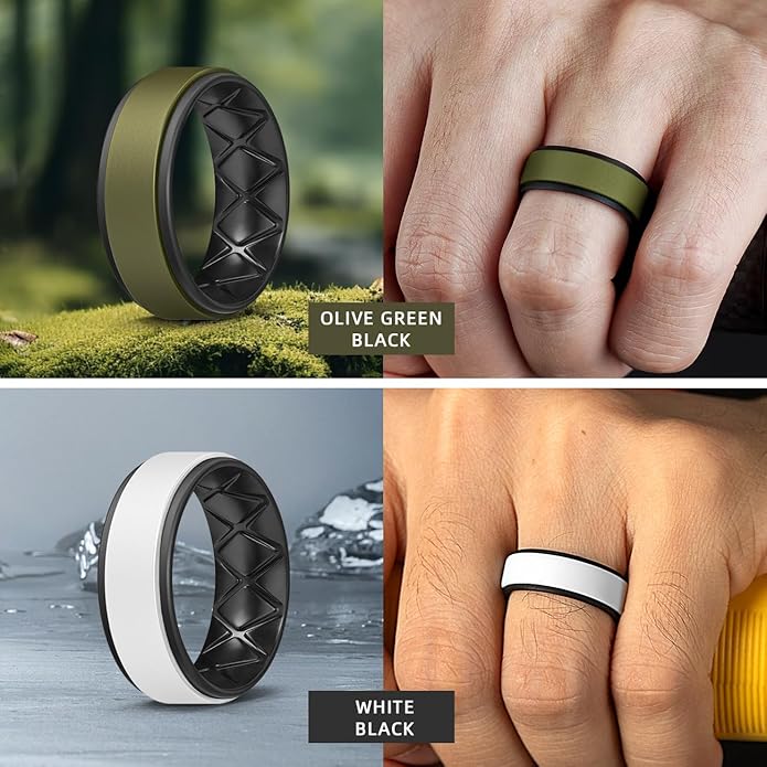 Egnaro Silicone Rings for Men 1/4/5/6/7 Multipack of Breathable Mens Silicone Rubber Wedding Rings Bands - Step Edge