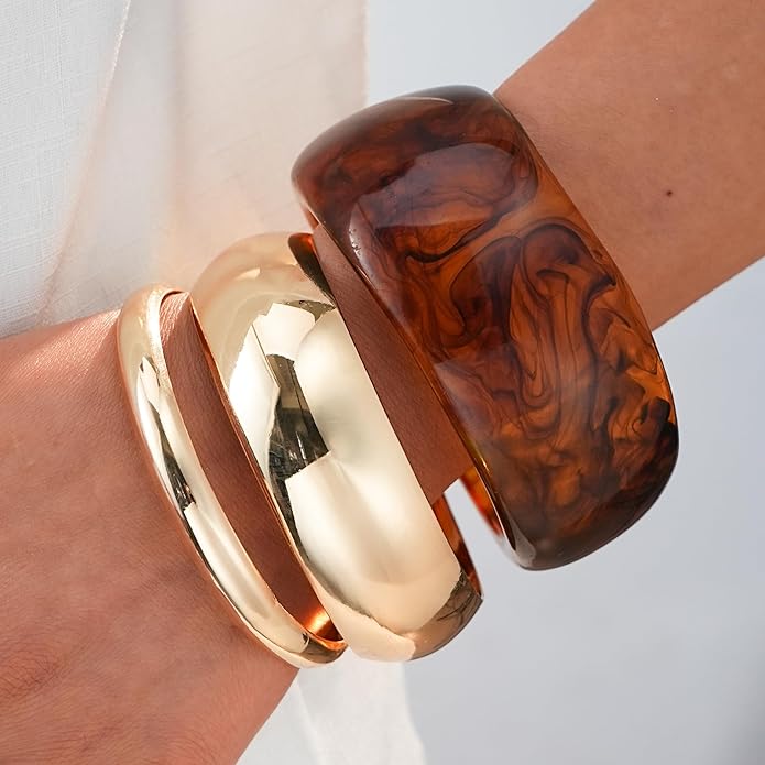 FAXHION Chunky Resin Acrylic Bangle Bracelets for Women, Colorful Wide Geometric Bangles Set, Statement Stackable Bracelet Jewelry Gift