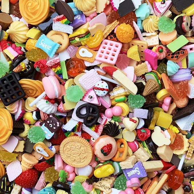 100pcs Cute Slime Charms Mixed Set Resin Flatback for DIY Craft Making and Ornament Scrapbooking Beads Assorted Candy Fruit Cake Christmas Gifts Trellis Resin Ornament Kit Making Supplies
