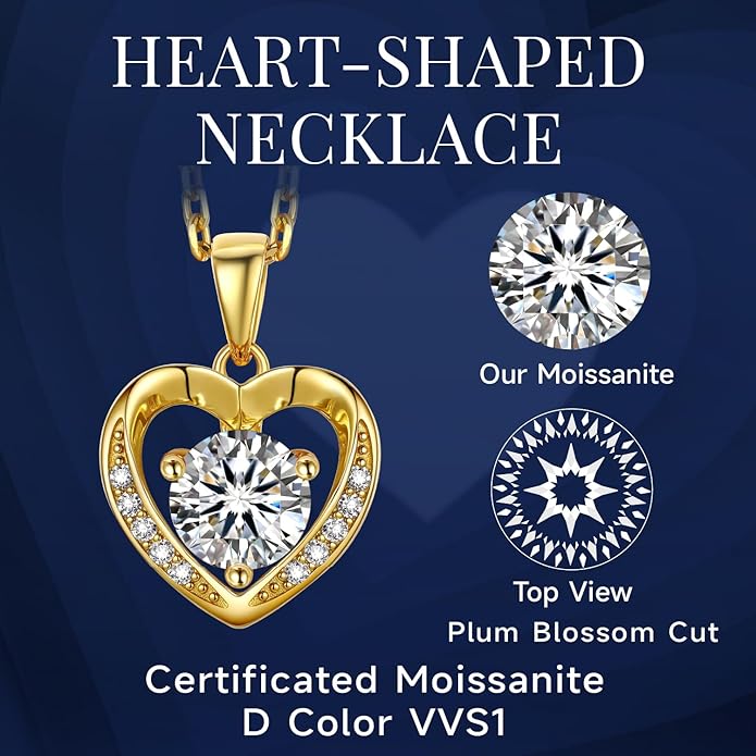 MomentWish Heart Necklace for Women Moissanite, Simulated Diamond, 925 Sterling Silver