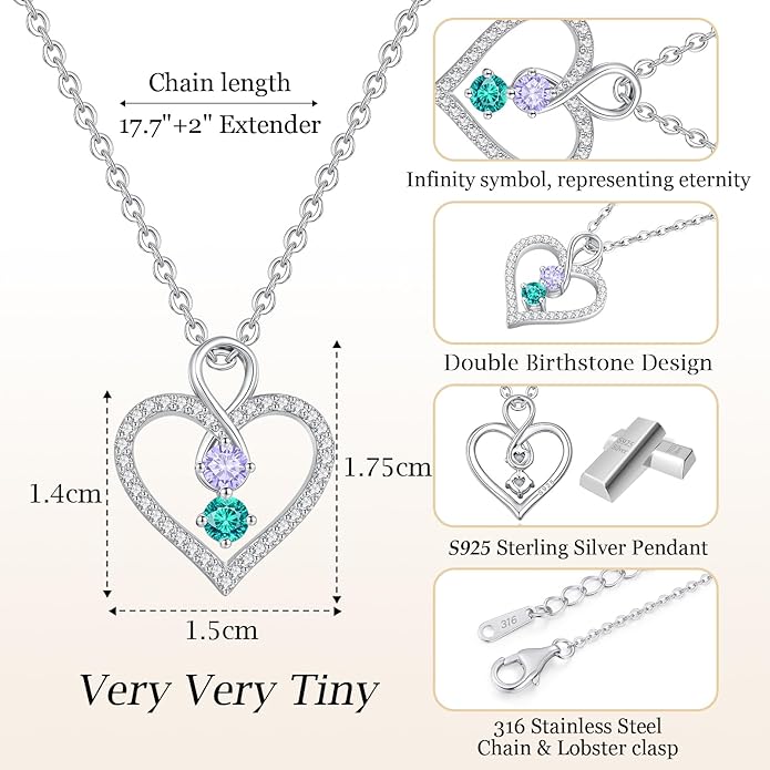 LOUISA SECRET Infinity Double Birthstone Necklace, 925 Sterling Silver Tiny Pendant Heart Necklace for Women Wife Her, Best Jewelry Gift Heart Jewelry Meaningful Gift for Valentine's Day, Christmas, Birthday Anniversary