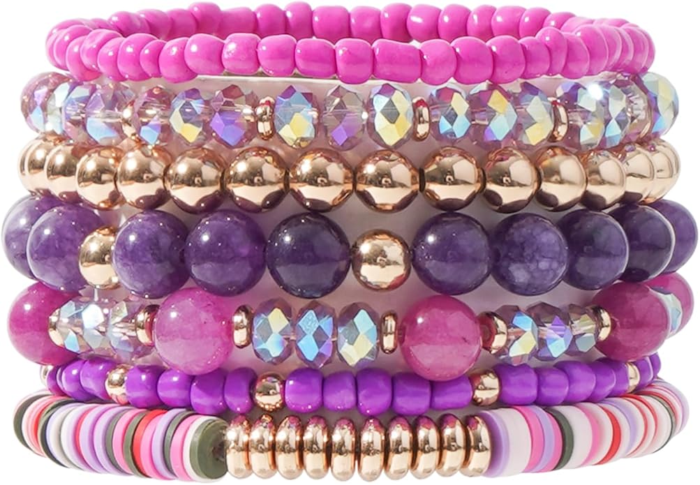 GOOJIDS Surfer Heishi Clay Bead Bracelets for Women Bohemian Stackable Gold Plated Beaded Stretch Bracelets Elastic Layering Friendship Bracelets Set Boho Jewelry