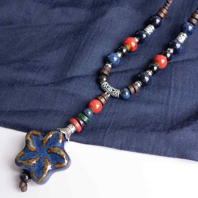 Adjustable Ceramic Beaded Necklace for Women, Boho Handmade Flower Pendant Necklace, Hippie Jewelry for Mom and Wife