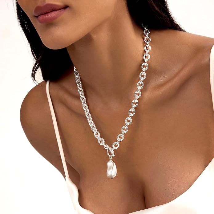 Zeffy 14K Gold/Silver Plated Chunky Thick Chain Toggle Clasp Necklace Dainty Baroque Pearl/Heart/Cross/Turquoise Pendant Necklace