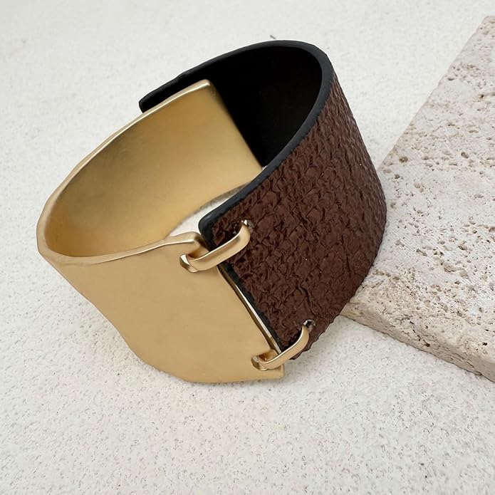 Leather Bracelet for Women Black Leather Golden Bracelet Bangle Chunky Leather Wrap Bracelet for Women Statement Jewelry Gift