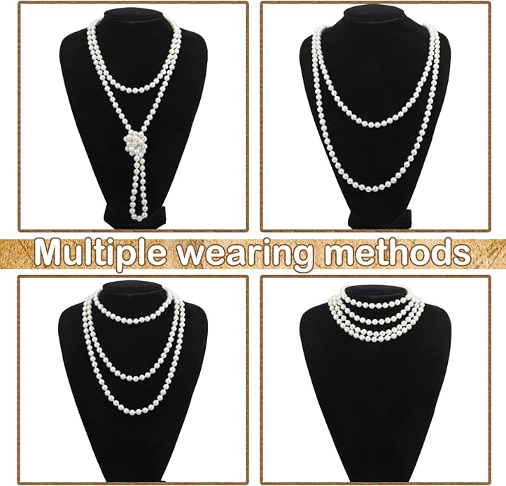 Maitys 3 Pcs 1920s Pearl Jewelry Set Includes Vintage Flapper Earrings Multilayer Imitation Pearl Necklace Bracelet for Women