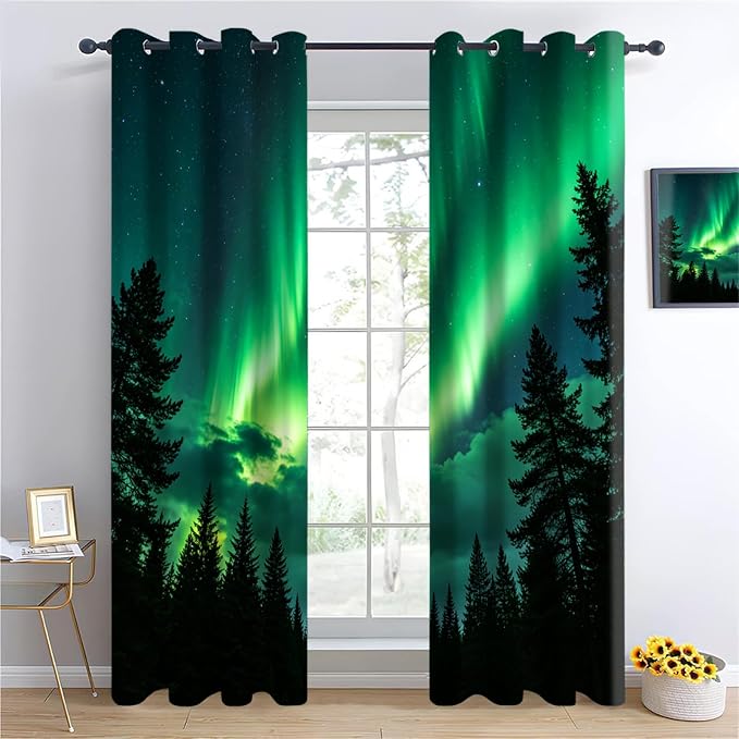 Forest Aurora Curtains, Coniferous Forest Silhouette Blackout Curtains 96 Inch - Image 4