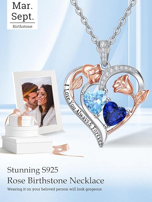 Valentine's Day Gifts for Wife 925 Sterling Silver Double Birthstone Pendant Necklaces I Love You for Always and Forever Necklace Anniversary Birthday Gifts for Wife Girlfriend Mom Her