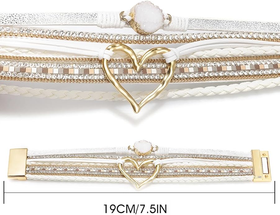 Suyi Multilayer Leather Wrap Bracelet Heart-Shape Wide Cuff Bracelets for Women